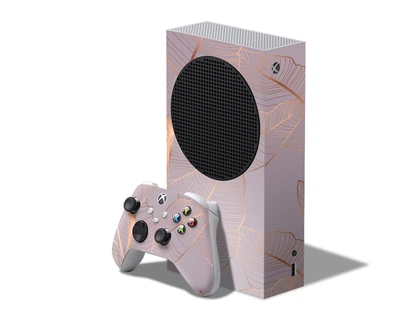 Виниловая наклейка на игровую приставку Microsoft Xbox Series S и контроллер с принтом розовые листья бронза, арт.7010046