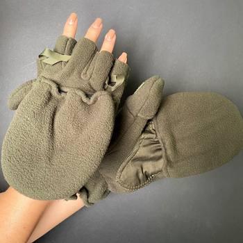 Зимние флисовые перчатки-варежки тактические с откидным верхом без пальцев Zepma оливковые АН-1726 размер L