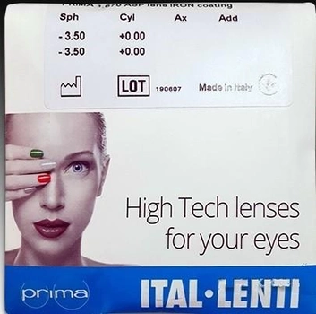 Лінза для окулярів PRIMA 1,67 ASPHERIC IRON Ø70