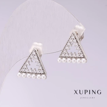 Сережки Xuping Трикутники з білим перлами Майорка 13х13мм родій, ida55384