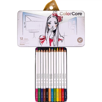 Цветные карандаши для рисования "Color Core" набор 12 цветов белый корпус, круглые в металлическом пенале