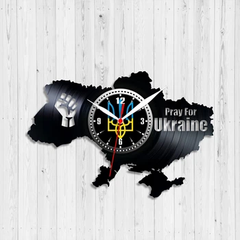 Часы настенные Виниловая пластинкa Карта Украины Pray for Ukraine 30 см Черный 1419/1
