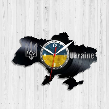 Часы настенные Виниловая пластинкa Карта Украины Герб 30 см Черный 1420/2
