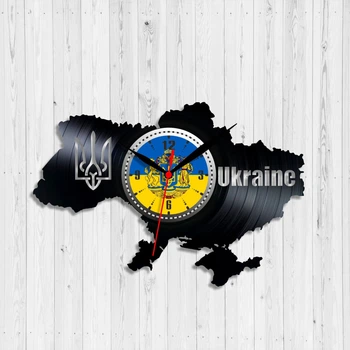 Часы настенные Виниловая пластинкa Карта Украины Герб 30 см Черный 1420/1