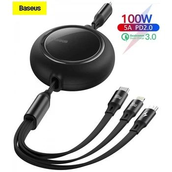 Кабель Baseus Bright Mirror Retractable 3 in 1 (Micro USB+Lightning+Type-C) 100W (1.2m) Black