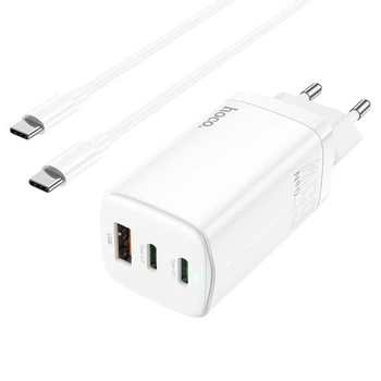 Сетевое зарядное устройство Hoco N16 GaN |1USB/2Type-C, 65W, 5A, QC/PD| адаптер с Type-C кабелем 1м. на 100W и быстрой зарядкой White (N16)