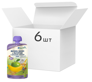 Упаковка пюре Fleur Alpine Organic Яблоко, банан с йогуртом и цельными злаками с 6 месяцев 6 шт х 120 г (5024688101151)