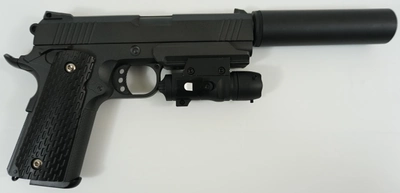 Страйкбольний спрінговий пістолет Galaxy Colt 1911PD з глушником та лазерним прицілом на кульках BB 6 мм металевий