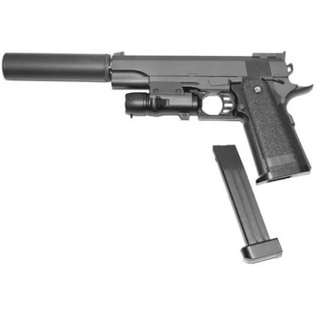 Страйкбольний спрінговий пістолет Galaxy Colt M1911 з глушником та лазерним прицілом на кульках BB 6 мм металевий Black