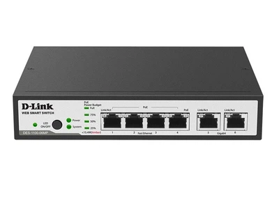 Коммутатор D-LINK DES-1100-06MP/A1A управляемый с 4 портами 10/100Base-TX и 2 портами 10/100/1000Base-T (4 порта PoE 802.3af/at, PoE-бюджет 80 Вт)