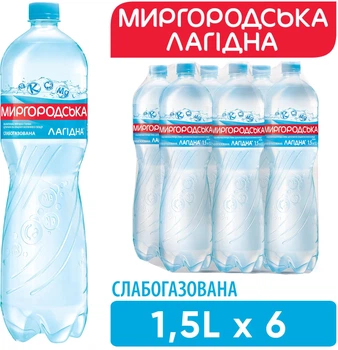 Упаковка минеральной природной столовой слабогазированной воды Миргородська Лагідна 1.5 л х 6 бутылок (4820000430999_4820000430975)