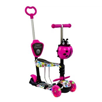 Детский трехколесный самокат Best Scooter 62310 Божья коровка 5 в 1 с сиденьем и родительской ручкой, с рисунком, Розовый с цветами на белом фоне
