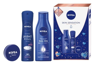 Nivea Skin Sensation подарунковий набір VI. (Deep Moisture Serum інтенсивно живильне молочко для тіла 250 мл + Protect Care антиперспірант спрей 150 мл + Creme універсальний крем 30 мл)