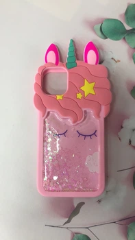 Силиконовый чехол 3D Case с переливающимися блестками на iPhone 11 Pro Max Единорог розовый