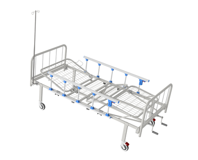 Кровать медицинская функциональная АТОН КФ-4-МП-БМ-ОП-Ш-К125 с металлическими быльцами, ограждениями, штативом и колесами 125 мм
