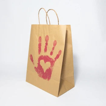 Пакет подарунковий готовий eko-kraft 260*150*350 уп - 5 штук Коричневий Крафт пакетик з ручками маленький з принтом Долоня з серцем