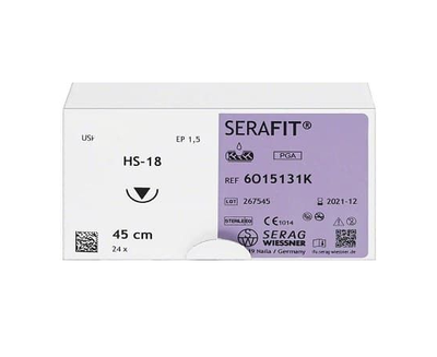 SERAFIT фарбований шовний матеріал 1 шт. (6/0 колящ. голка 9 мм, 3/8 кола, з довжиною нитки 45 см, Serag-wiessner, шовний матеріал), 2410-2224