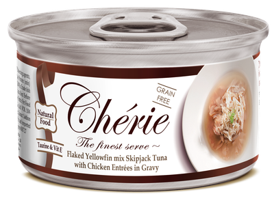 Влажный корм Cherie для кошек с нежными кусочками желтоперого и полосатого тунца и курицы в соусе, 0,08 кг