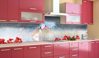 Кухонный фартук на стену Акварельный Замок (наклейка для кухни ПВХ пленка скинали) горы Природа Голубой 60х200 см