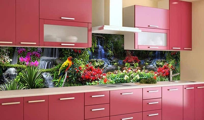 Кухонный фартук на стену Тропический Попугай (наклейка для кухни ПВХ пленка скинали) водопад Природа Зеленый 60х200 см