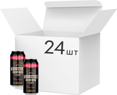 Упаковка слабоалкогольного напитка WOODSTOK Bourbon&Cola Raspberry 8% 0.44 л х 24 шт (9414453905514)