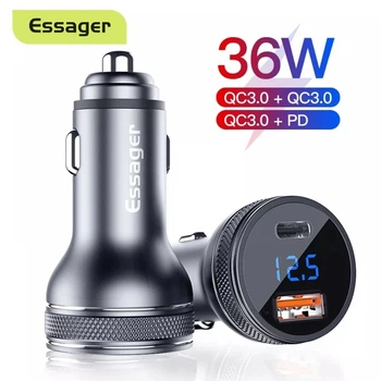 Автомобильное зарядное устройство Essager USB+USB-C qc 3.0+PD (36W) Metall с дисплеем