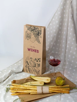 Пакет подарочный для вина eko-kraft 150*90*360 уп 15 штук/уп коричневый Крафт пакет под бутылку Бумажный пакет с широким дном под вино с рисунком и надписью