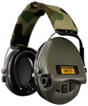 Тактичні навушники Sordin Supreme Pro-X Active - EN 352 - Версія з камуфляжною тканиною, подушкою з піни та зеленими капсулами