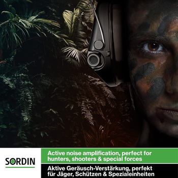 Тактичні навушники Sordin Supreme Pro-X Active - EN 352 - Версія з камуфляжною тканиною, подушкою з піни та зеленими капсулами