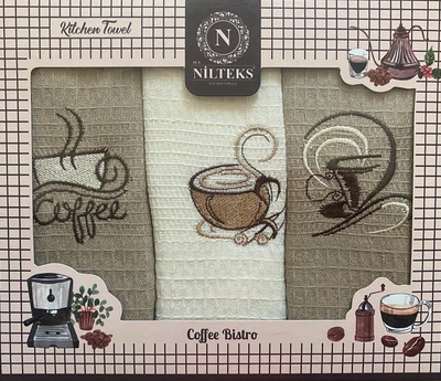 Набор 3 вафельных полотенца Nilteks кухонные 40х60 см Coffee bistro разноцветный (TC303374858)