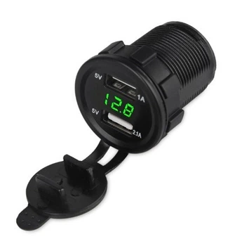 Автомобильное зарядное устройство два порта USB 12-24V врезная розетка, с Вольтметром зелёная подсветка Autoexpect (80050)