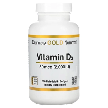 Вітамін D3, California Gold Nutrition, 50 мкг (2000 МО), 360 капсул з риб'ячого желатину