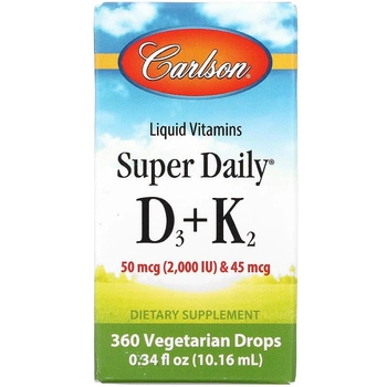 Вітаміни D3 та K2 у рідкій формі, 25 мкг (1000 МО) та 22,5 мкг, Carlson Labs, 360 крапель (10,16 мл)