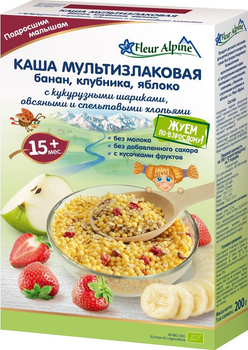 Безмолочна Мультизлакова органічна каша Fleur Alpine з бананом, зі шматочками полуниці та яблука 200 г (9010004508168)