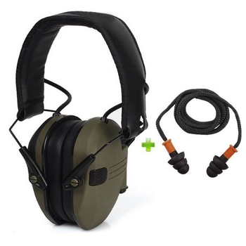 Активні стрілецькі навушники для військових, полювання Tactical Force Slim Green + Беруші (125980b)