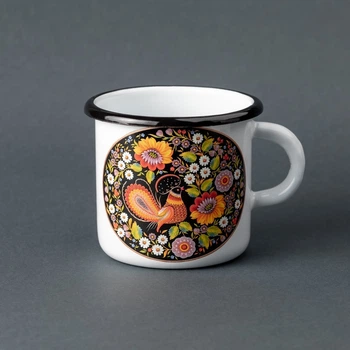 Кружка емальована Enamel mug з принтом Петриківський розпис. Казковий птах біла 400 мл