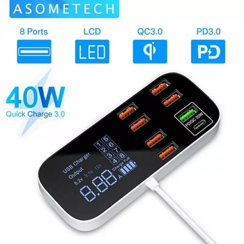 Мережевий зарядний пристрій ASOMETECH A9D+ (8 USB, QC 3.0, type C)