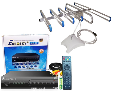Комплект Т2(ТВ-тюнер Eurosky ES-17 DVB-T2 Metall+INTERNET с функцией записи и просмотра интернет-каналов,IPTV,YouTube + SUPERAнтенна для Т2