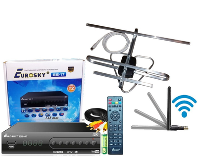 Комплект Т2 Формагиб с тюнером Eurosky ES-17,антенной и WiFi-адаптером (ТВ-тюнер Eurosky ES-17 DVB-T2 + Антенна для Т2 Комнатная с TV-кабелем Формагиб+WiFi-адаптер)