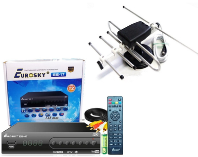 Комплект Цифрового Т2 телевидения (тюнер Eurosky ES-17 + Антенна для Т2 комнатная Волна-2 с ТВ-кабелем)