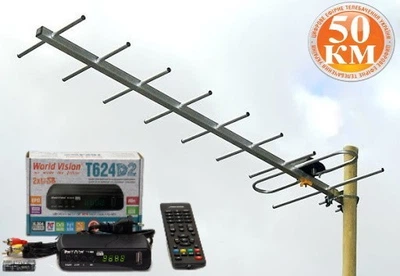 Комплект Т2 телебачення (ТВ-тюнер DVB-T2 T624D2 + антена зовнішня Техноком HD-09A (прийом сигналу до 50 км від ретранслятора))