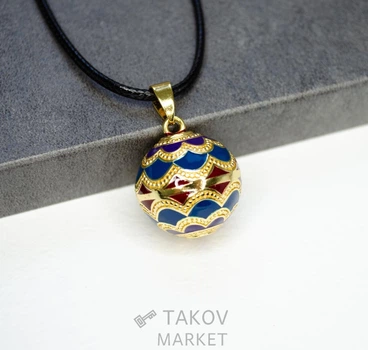 Кулон женский музыкальная подвеска колокольчик украшение для женщины в стиле винтаж "Волна" медь с эмалью Harmony Ball шар 20 мм + вощеный шнур 60 см в коробке