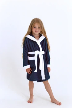 Махровый детский халат IDEAL TEXTILE с капюшоном, для девочки 380 г/м2, темно-синий +белый на 7 лет (122-128 см)