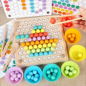 Деревянная развивающая игрушка Bead Holder Мозаика Цветные шарики пинцет, ложка, палочки, стаканчики для сортировки MD 2210