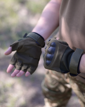 Рукавички тактичні військово армійські безпалі Combat із захистом кісточок кулака дихаючі бойові хакі