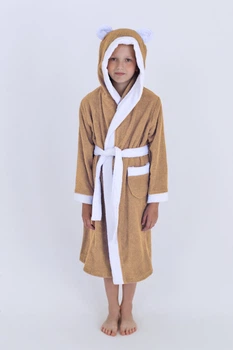 Махровий дитячий халат IDEAL TEXTILE для хлопчика з капюшоном, 380 г/м2 бежевий+білий на 5 років (116 – 122 см)