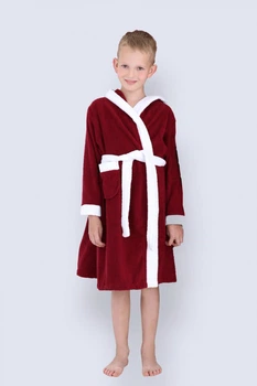 Махровый банный детский халат IDEAL TEXTILE для мальчика с капюшоном, 380 г/м2 бордовый+белый на 3 года (98 - 110 см)