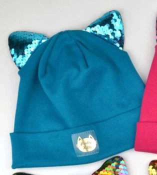 Шапка трикотажна KiriKiri ОГ 46-48 см дитяча з вушками для дівчинки 204-Кітті Паєтки темно-бірюзовий