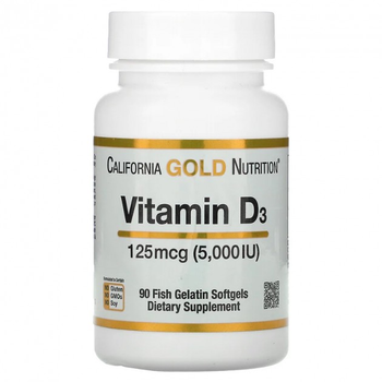 Витамин D3, California Gold Nutrition, 125 мг (5000 МЕ), 90 капсул из рыбьего желатина (CGN-01065)