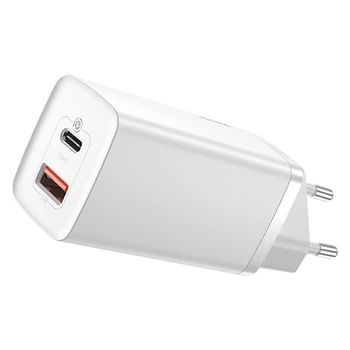 Сетевое зарядное устройство Baseus GaN2 Lite Quick Charger 1USB/1Type-C, QC/PD, 5A, 65W с быстрой зарядкой white